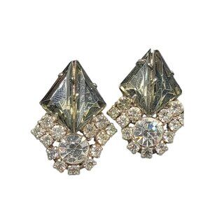 Smokey Grey Clear Rhinestone Vtg Clip On Earrings Silver Tone Unsigned Beauties